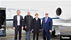 US Senators Chris Murphy, Thom Tillis, Jeanne Shaheen and US ambassador in Kosovo, Jeff Hovenier at Prishtin airport