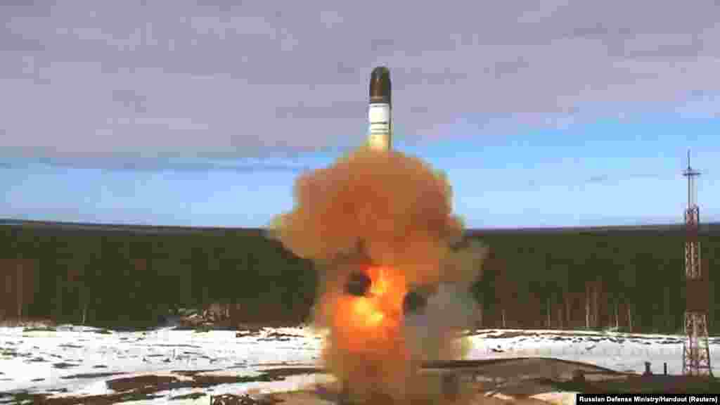The Sarmat intercontinental ballistic missile is launched during a test at Plesetsk cosmodrome in Arkhangelsk region, Russia. This is a still image taken from a video. (Russian Defence Ministry/Handout via REUTERS)