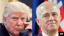 FILE - This combination of file photos shows, from left to right: U.S. President Donald Trump on Jan. 28, 2017, and Australian Prime Minister Malcolm Turnbull on Nov. 20, 2016. Turnbull said he and President Donald Trump will focus on North Korea, security and economic issues when they meet for the first time this week in New York on Thursday, May 4, 2017.