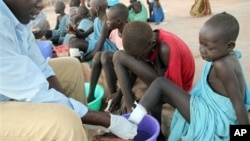 FILE - A child watches while a nurse with the Carter Center bandages blisters on her leg from where a Guinea worm is emerging, in Abuyong, Sudan, Nov. 4, 2010.