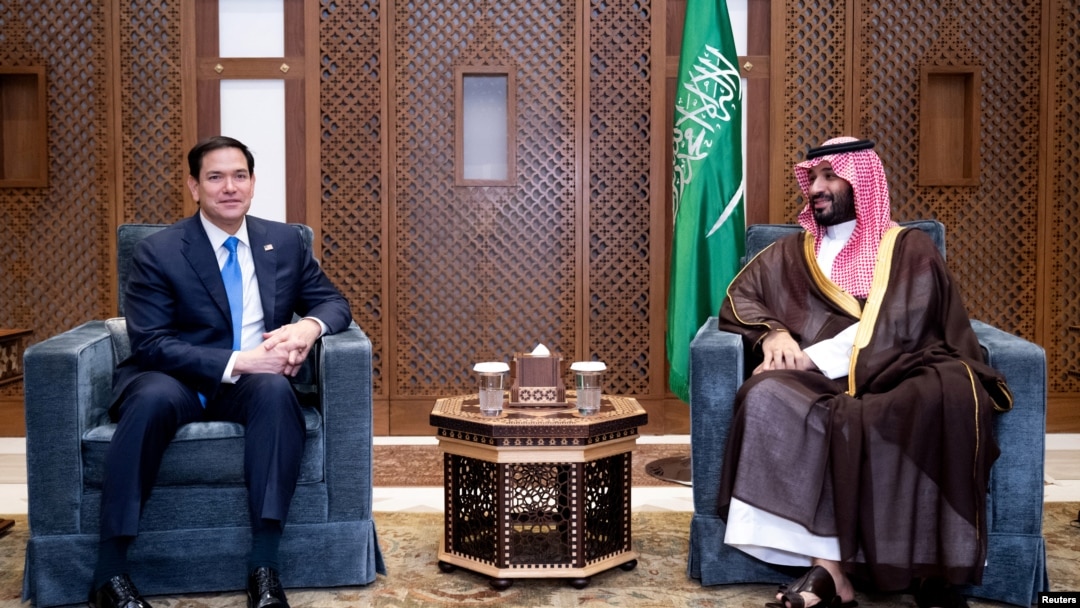 Saudi Crown Prince and Prime Minister Mohammed bin Salman meets with U.S. Secretary of State Marco Rubio on the Royal Palace grounds in Jeddah, Saudi Arabia, on March 10, 2025. 
