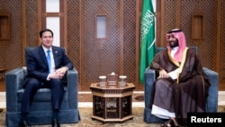 Saudi Crown Prince and Prime Minister Mohammed bin Salman meets with U.S. Secretary of State Marco Rubio on the Royal Palace grounds in Jeddah, Saudi Arabia, on March 10, 2025. 