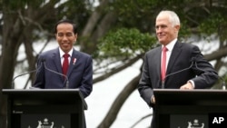 Presiden Joko Widodo dan Perdana Menteri Australia Malcolm Turnbull saat memberikan pernyataan gabungan di Kirribilli House di Sydney (26/2). (AP/Rick Rycroft)