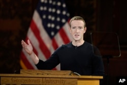 FILE - Facebook CEO Mark Zuckerberg speaks at Georgetown University, Thursday, Oct. 17, 2019, in Washington. (AP Photo/Nick Wass)