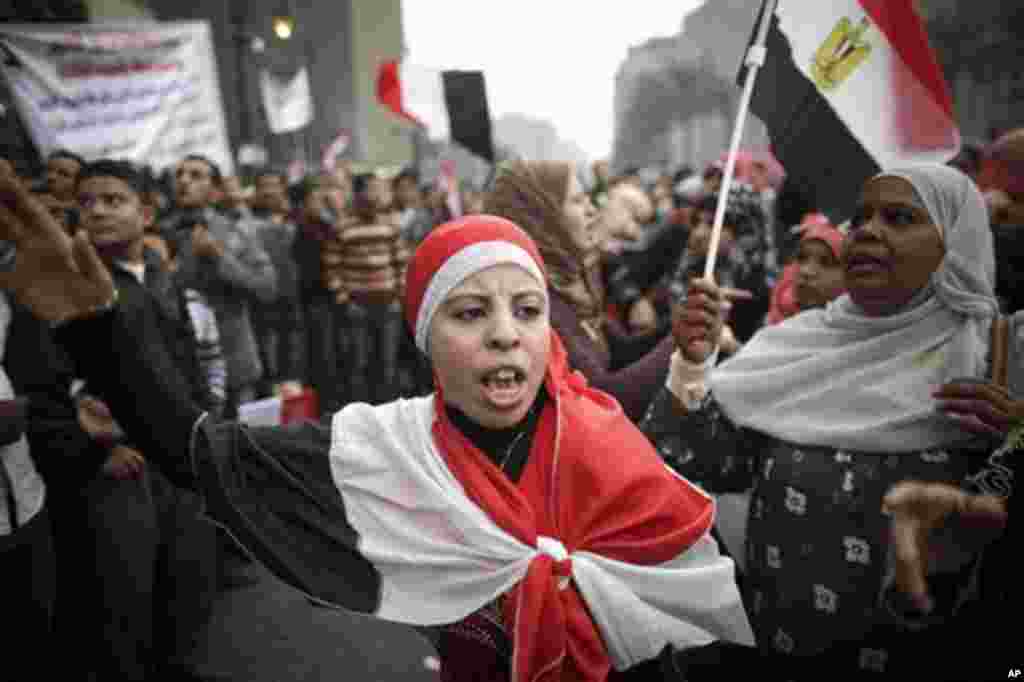 Egyptian women protest in Tahrir Square in Cairo, Egypt, Saturday, Nov. 26, 2011. The election begins Monday Nov. 28, and are staggered over multiple stages that conclude in March. The military said it would extend the voting period to two days for each r