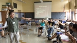 Xavier Chavez, a teacher of English as a second language, teaching a summer history class at Benson High School in Portland, Oregon