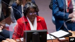 Linda Thomas-Greenfield, Permanent Representative of United States to the United Nations, speaks during a meeting of the UN Security Council, Tuesday, April 5, 2022, at United Nations headquarters.