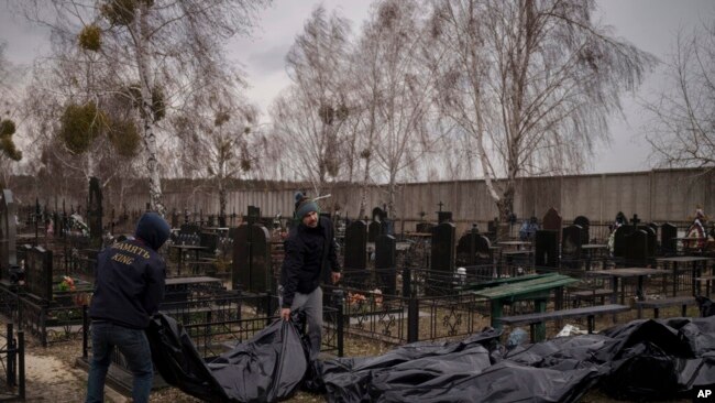 Punonjësit sjellin në varrezat e qytetit Bucha kufomat që gjenden (5 prill 2022)