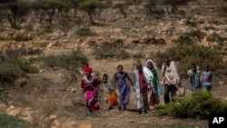 FILE - People walk from a rural area towards a nearby town where a food distribution operated by the Relief Society of Tigray was taking place, near the town of Agula, in the Tigray region of northern Ethiopia, May 8, 2021