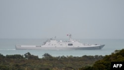 FILE - A Chinese Peoples Liberation Army Navy amphibious transport dock vessel transits the Torres Strait in Northern Australia, in this handout photo taken Feb. 18, 2022. (AFP / Australian Defence Force)