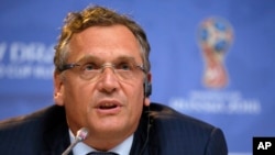 FIFA Secretary-General Jerome Valcke, speaking at a news conference in St. Petersburg, Russia, says the current FIFA corruption investigation "does not help to finalize any new agreement" with sponsors, July 24, 2015.