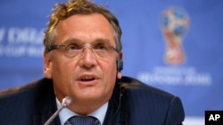 FILE - Jerome Valcke, speaking at a news conference in St. Petersburg, Russia, July 24, 2015