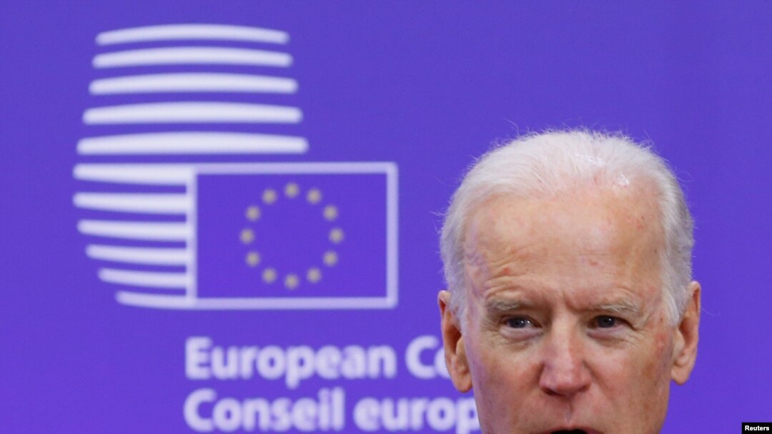 U.S. Vice President Joe Biden makes a joint statement with European Council President Donald Tusk ahead of a meeting at EU Council headquarters in Brussels February 6, 2015. Biden said on Friday that the United States and Europe needed to stand together…