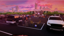 This artist rendering released by Live Nation shows the set up for Live Nation's “Live from the Drive-In,” concert series taking place July 10-12. (Live Nation via AP)