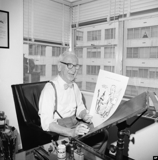 Cartoonist Rube Goldberg, 81, is shown in his New York City apartment, April 24, 1964 after he completed his last cartoon.