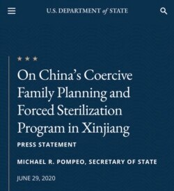 美國國務卿蓬佩奧6月29日發表聲明，譴責中共強制新疆人絕育。