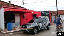 A view of the facade of the nightclub where 14 people were killed in an early Saturday shootout, in Fortaleza, northeastern Brazil, Jan. 27, 2018.