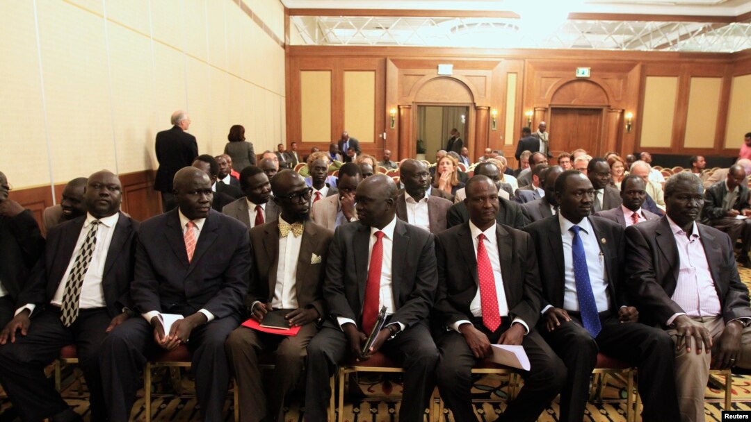 Members of South Sudan rebel delegation attend the opening ceremony of South Sudan's negotiation in Ethiopia's capital Addis Ababa, Jan. 4, 2014. 
