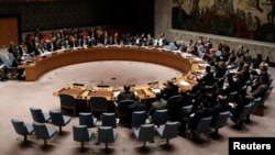 The United Nations Security Council votes on a resolution to ban the supply of helicopters to the Syrian government and to blacklist Syrian military commanders over accusations of toxic gas attacks at U.N. headquarters in New York City, Feb. 28, 2017.
