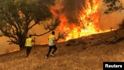 Men attempt to put out a fire in Iboudraren village, east of Algiers, Algeria, Aug. 12, 2021. 