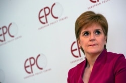 FILE - In this Feb. 10, 2020, file photo, Scotland's First Minister Nicola Sturgeon speaks during an event at the European Policy Center in Brussels.