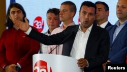 Macedonia's PM Zoran Zaev gives a speech during a referendum night on changing Macedonia's name that would open the way for it to join NATO and the European Union in Skopje, Macedonia, Sept. 30, 2018. 