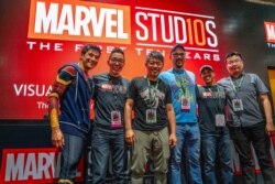 The Marvel Studios Visual Development Team, Rodney Fuentebella, left, Andy Park, Charlie Wen, Ryan Meinerding, Anthony Francisco and Jackson Sze at the Marvel Studios booth on day two of Comic-Con International, July 20, 2018 in San Diego, CA.