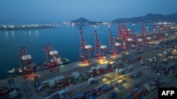 FILE - Containers are seen at Lianyungang Port in China's eastern Jiangsu province on Jan. 29, 2025.