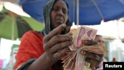 FILE - A money changer counts local currency notes at a local bureau where $100 US dollar exchanges for 750,000 Somaliland shillings in Hargeysa.