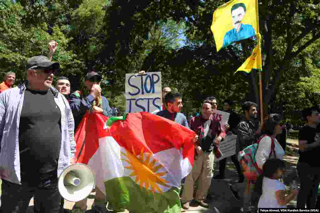 Protesters demonstrate outside the White House as Turkish President Recep Tayyip Erdogan meets with U.S. President Donald Trump, May 16, 2017.