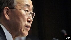 U.N. Secretary-General Ban Ki-moon addresses a news conference at the United Nations European headquarters in Geneva, May 11, 2011