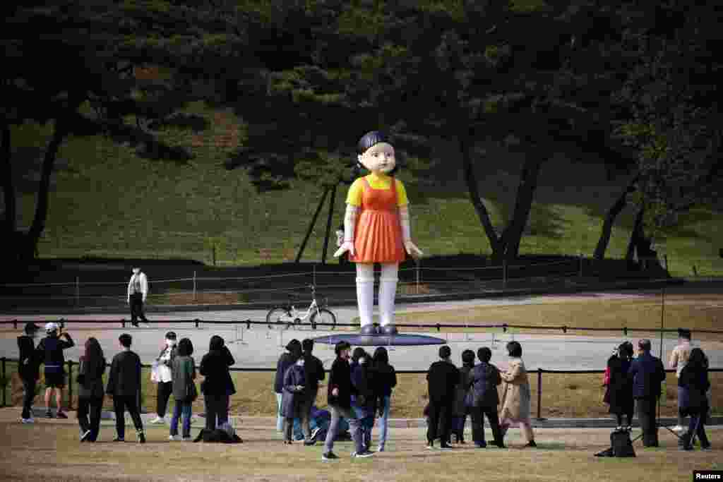 A giant doll named &#39;Younghee&#39; from the Netflix series &quot;Squid Game&#39;&nbsp;is on display at a park in Seoul, South Korea.