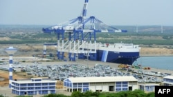 FILE - A photo taken Feb. 10, 2015, shows a general view of Sri Lanka's deep sea harbor port facilities at Hambantota.