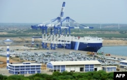 FILE - A photo taken Feb. 10, 2015, shows a general view of Sri Lanka's deep sea harbor port facilities at Hambantota.