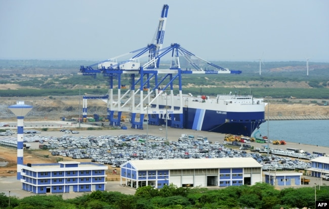 FILE - A photo taken Feb. 10, 2015, shows a general view of Sri Lanka's deep sea harbor port facilities at Hambantota.