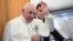 Pope Francis speaks to reporters during the flight from Skopje to Rome, at the end of his apostolic journey to Bulgaria and North Macedonia, May 7, 2019.