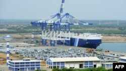 FILE - A photo taken Feb. 10, 2015, shows a general view of Sri Lanka's deep sea harbor port facilities at Hambantota.