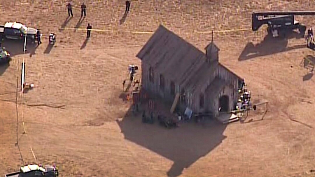 This aerial video image provided by KOAT 7 News, shows Santa Fe County Sheriff's Officers responding to the scene of a fatal accidental shooting at a Bonanza Creek, Ranch movie set near Santa Fe, N.M., Oct. 21, 2021.