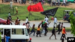 Des membres du Mouvement islamique du Nigeria (IMN) agitent des drapeaux lors d'une manifestation pour protester contre l'emprisonnement d'un chiite à Abuja, le 29 octobre 2018.