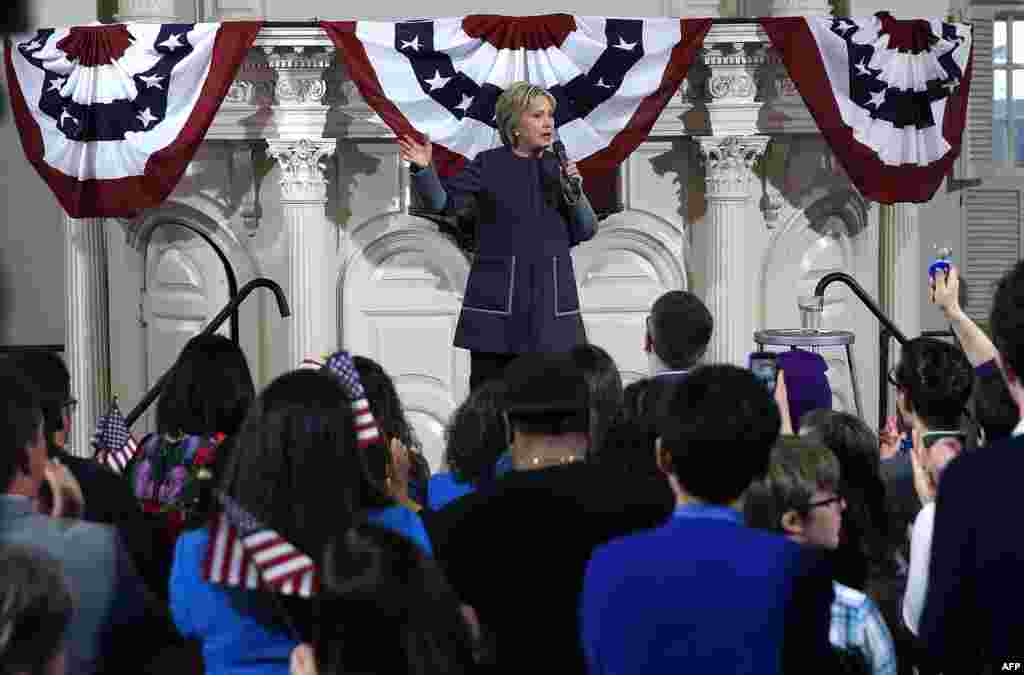 Democratic presidential candidate former Secretary of State Hillary Clinton speaks during a "Get Out The Vote" event at the Old South Meeting Hall in Boston, Massachusetts, Feb. 29, 2016.