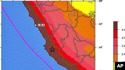 A USGS map highlighting seismic hazards in Peru