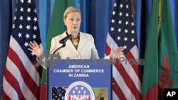 US Secretary of State Hillary Clinton addresses the American Chamber of Commerce in Lusaka, Zambia, June 11, 2011