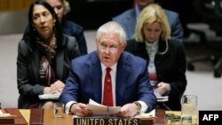 Menteri Luar Negeri Amerika Rex Tillerson berbicara pada pertemuan mengenai proliferasi senjata nuklir Korea Utara di DK PBB, Jumat (15/12)/