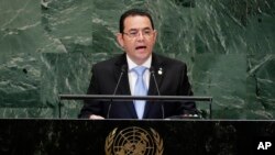   The President of Guatemala, Jimmy Morales, during his speech at the United Nations General Assembly 