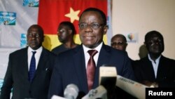 FILE - Maurice Kamto, a presidential candidate of Renaissance Movement, holds a news conference at his headquarters in Yaounde, Cameroon, Oct. 8, 2018. 