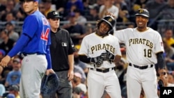 Pittsburgh Pirates' Gift Ngoepe, a native of South Africa, celebrates his first hit.