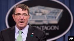FILE - U.S. Defense Secretary Ash Carter is seen at a news conference at the Pentagon, May 1, 2015.