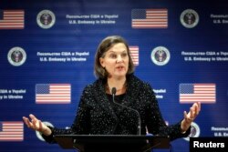U.S. Assistant Secretary of State Victoria Nuland addresses a news conference at the U.S. Embassy in Kyiv, Feb. 7, 2014.