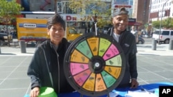 These vendors promote jogging and healthy eating during Wellness Week in New York's Harlem neighborhood.