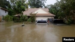 Houses and cars are seen partially submerged by flood waters from tropical storm Harvey in east Houston, Texas, Aug. 28, 2017. 